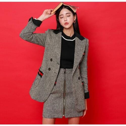 Winter 2019 Solid Grey Double Breasted Notched Blazer Coat Zipper Mini Bodycon Skirt Two Piece Womens Wool Blend Suit Dress