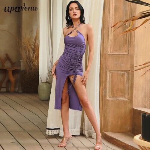 Free Shipping 2021 New Women Halter Midi Dress Sleeveless Halter Bodycon Split Drawstring Dress Sexy Club Nightclub Party Dress
