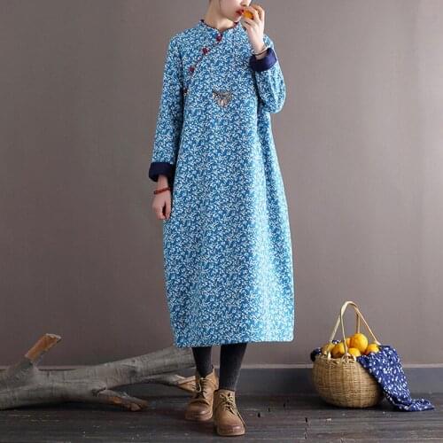 Johnature Women Print Floral Dresses Stand Fleece Cheongsam Vintage Warm Winter Robes 2020 New Button Female Cotton Dresses