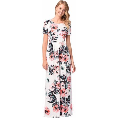 New Bohemian Floral Print Ladies Long Dress 2018 Women Half Sleeve Pocket Tunic Long Floral Maxi Dress