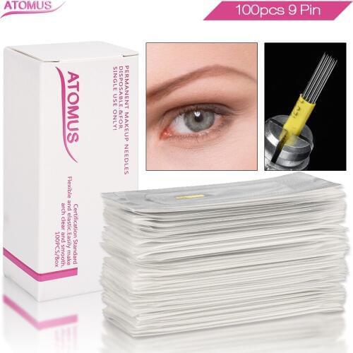 100pcs Mengen 9 Pin Microblading Shading Blade Double Row Tattoo Naalden 9m1 Permanent Makeup Needles Agulhas Tebori