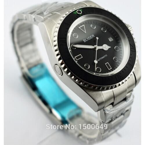 BLIGER 43mm black Ceramic Bezel black dial automatic Date Folding buckle mens watches Automatic mechanical movement