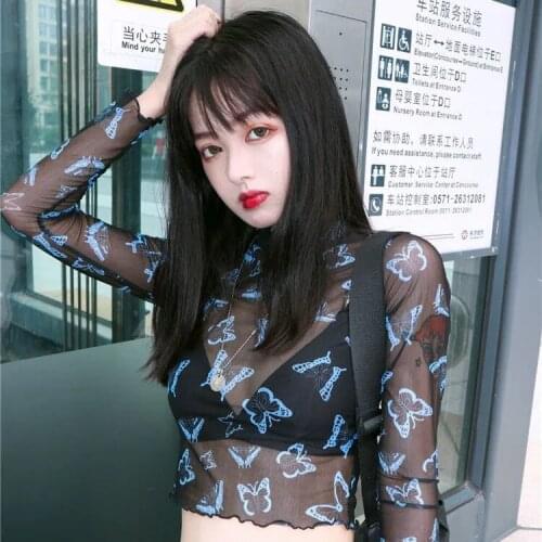 Hipster Summer Sun Protect Basic Short Length Streetwear Thin Sexy Cool Top Women Gothic Transparent Mesh Butterfly T Shirt 2021