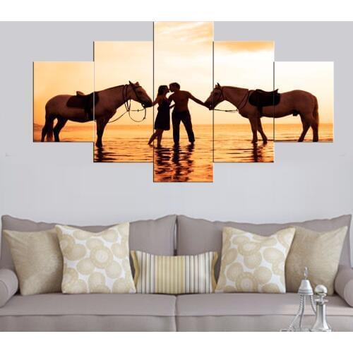 Oil painting Romantic Sunset Sea Beach Lovers with horses Modular Canvas Print wall pictures living room cuadros decoracion 5 pc