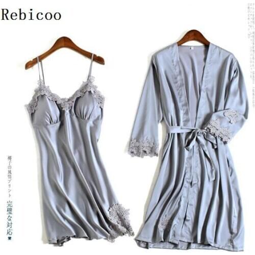 Robe and gowns set embroidery Sexy Pajamas Sets Satin Nightwear Women Nighties pyjama femme sleepwear sets silk dress pink lace