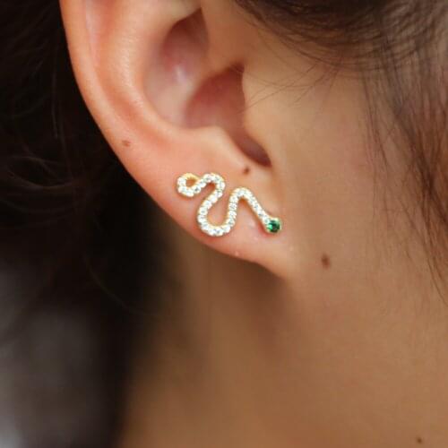 Pretty 100% 925 sterling silver snake earrings mirco pave tiny cz eye inlay green stone animal earrings jewelry women girls gift
