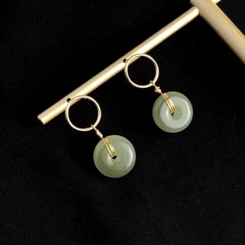 Natural green semi-precious stone round earrings high quality S925 needle simple retro female ethnic style safe buckle earrings