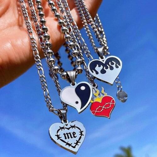 Men Stainless Steel Flame Yin Yang Necklace Women Simple Long Chain me Letter Pendant Necklace Statement Couples Choker Gifts