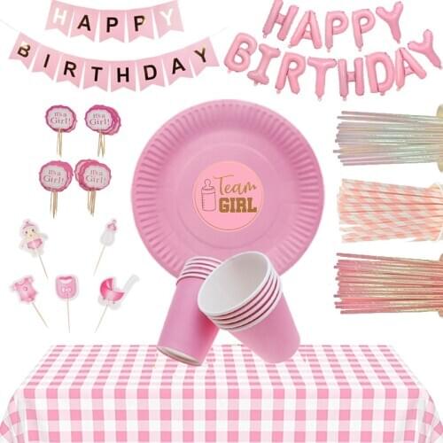 Pink girl theme party supplies disposable tableware set stickers balloon gender reveal baby shower birthday cake cute decoration