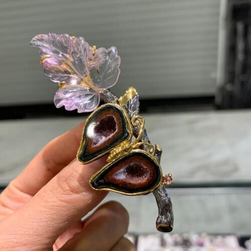 Natural agate and crystal butterfly amethy leaf brooch pendant double use fine women jewelry 925 sterling silver only 1 piece