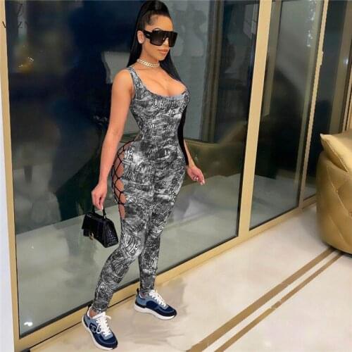 VAZN 2021 New Shinny Print Pleated Sexy Lady Women Party Beach Jumpsuits Full Pant Bandage Rompers
