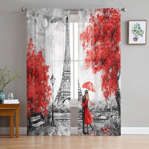 Embracing Paris Autumn Maple Leaves Sheer Curtains for Living Room Kitchen Tulle for Windows Voile Yarn Curtains for Bedroom
