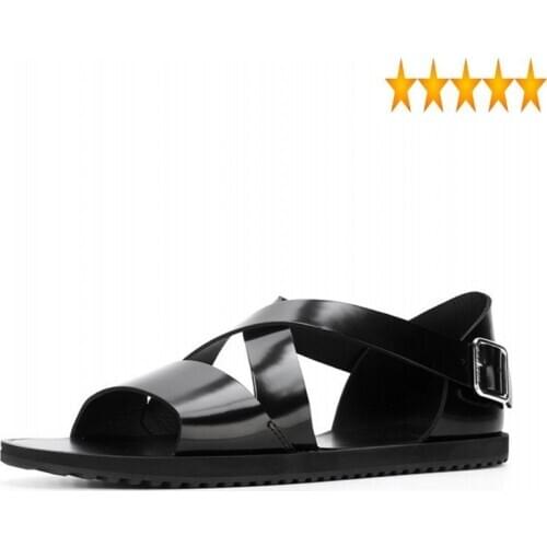 Summer Mens Casual Gladiator Fashion Plus Size Cross Straps Buckle Flats Beach Sandals Travel Genuine Leather Outside Slippers