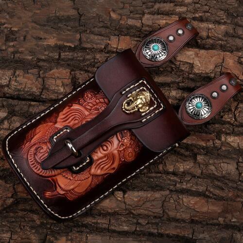 Handmad Women Men Elephant Carving Handbags Cow Leather Messenger Shoulder Belt Bag Vegetable Tanned Leather Waist Bags