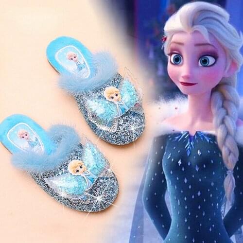 Kids Slippers Frozen Elsa Princess Sequins Slippers Girls Cartoon Plus Velvet Keep Warm Non-slip Cow Muscle Furry Slippers