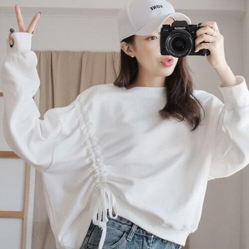 2021 Spring Pullover Women T-shirt Solid Drawstring Shout-style Loose Leisure Girs Sweatshirts Korean Simple Fashion Female Tops