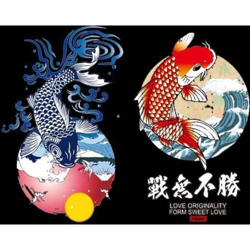 Japanese Sun Carp Wave Heat Transfer Clothes Appliques PVC Material Large Washable Iron on Patches DIY for Clothing Stickers