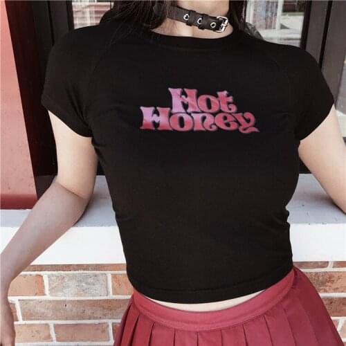 Ruibbit New Arrival Gothic girls Hot honey slim elastic round neck short T-shirt summer Sexy Punk Women Black Pullover Shirts