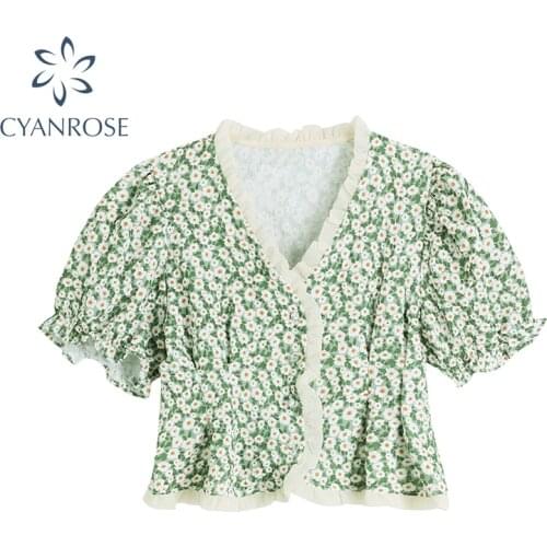 2021 Summer Women Harajuku Print Shirt V Neck Ruffles Short Sleeve Shirt Crop Tops Streetwear Korean Female Sexy Skinny Blouse