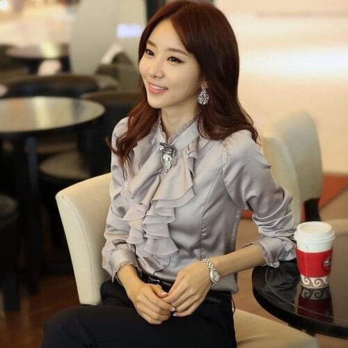 Women Chic Bow Tie Collar White Blouse Ruffle Long Sleeve Office Wear Female Shirt Elegant Stylish Trendy Top Satin Silky Blusas