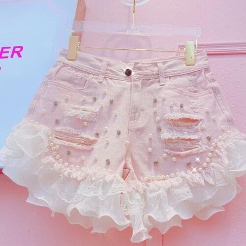 Summer Jeans Women Shorts Korean Elegant Low Waisted Fashion Sexy Demin Lace Spliced Ripped Washed Beading Short