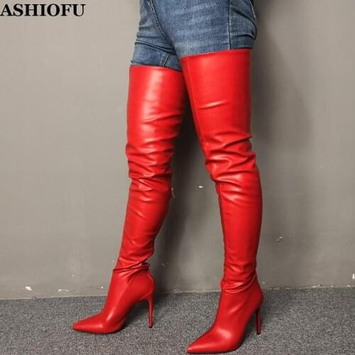 ASHIOFU Handmade Ladies Thigh High Boots Pointed-toe Real Photos Party Over Knee Boots Winter Evening Dress Fashion Boots Shoes