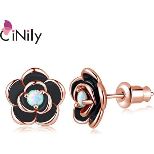 CiNily Rose Opal Cubic Zirconia Fashion Jewelry Stud Earrings, Rose Gold Plated Enamel Women Jewelry Earrings OH4778-80
