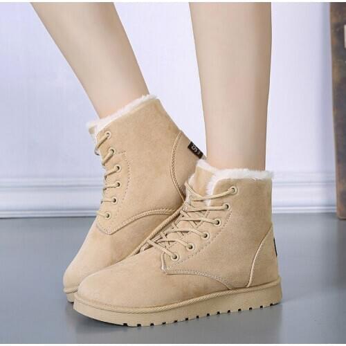 Womens Suede Ankle Boots Women Fur Snow Boots Flat Lace Up Winter Platform Ladies Warm Shoes Flock Female Non Slip Sewing New