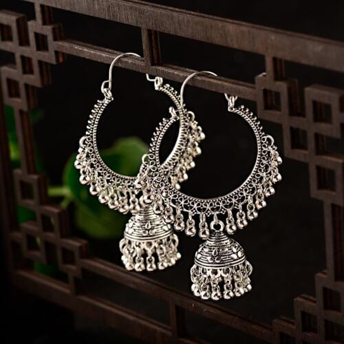 2019 Boho Indian Jhumka Big Bell Drop Dangle Earrings For Women Vintage Sliver Color Metal Round Circle Earring Gypsy Jewelry