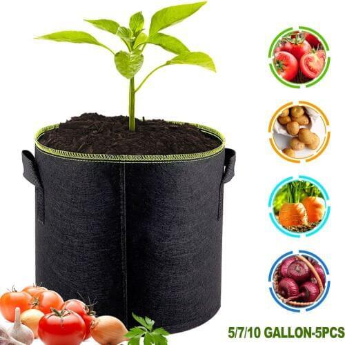 5/7/10 Gallon Felt Plant Growing Bags Vegetable Flower Potato Pot Container Garden Planting Basket Farm Home Mushroom Seed 5pcs
