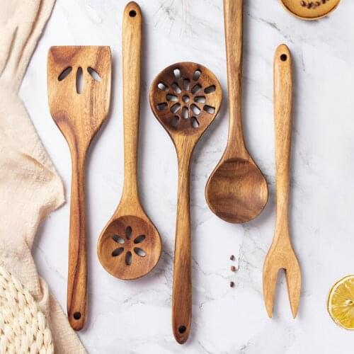5pcs/Set Solid Wood Tableware Spoon Colander Spoon Soup Skimmer Salad Fork Cooking Scoop Wooden Kitchen Utensils Life Quality
