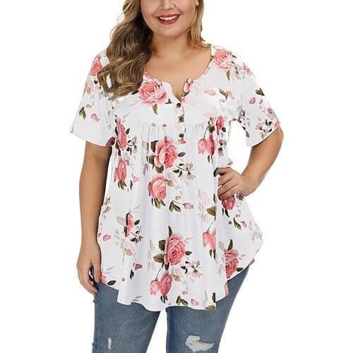 5xl Plus Size White Tops And Blouses Blusas Mujer De Moda 2021 Ladies Fashion Loose Casual Top V-neck Button Printed Clothes