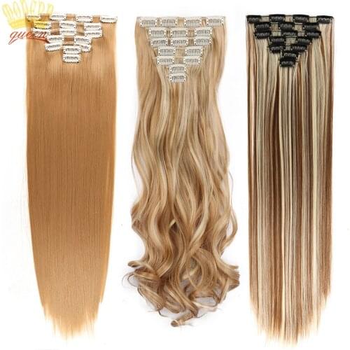MODERN QUEEN 22inch Long Wavy 16clips 7/Set Synthetic Clip In Hair Extensions Fake Hairpieces Blonde Heat Resistant For Women