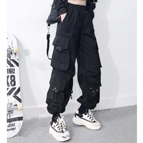 Women Loose Streetwear Black Elastic Waist Cargo Pants Female Casual Punk Pencil Pants Ladies Cool Fashion Hip Hop Trousers C13