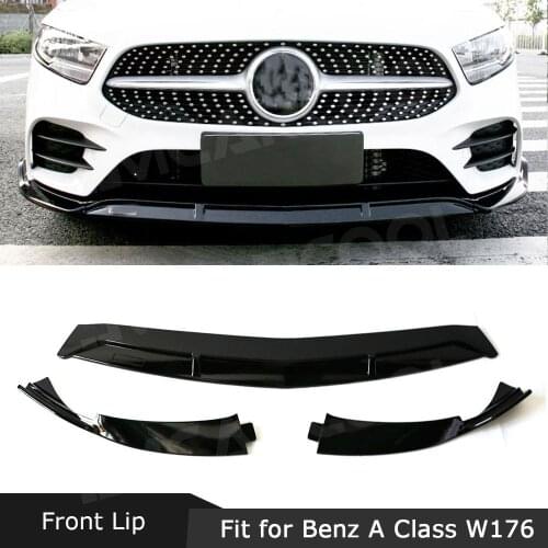 3PCS ABS Gloss Black Front Lip Spoiler Splitters for Mercedes Benz A Class W176 Sport Bumper 2019 Head Bumper Chin Guard