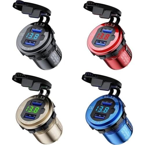 Dual QC3.0 USB Charger Quick Charge USB Socket Adapter Power Outlet with Voltmeter + Switch for 12V-24V Car Boat Motorcycle