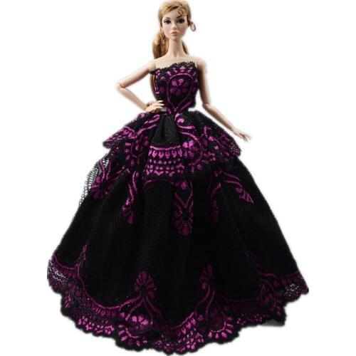 Elegant Black Pink Floral Off Shoulder Lace Dress For Barbie Doll Clothes Princess Wedding Party Gown 1/6 BJD Dolls Accessories