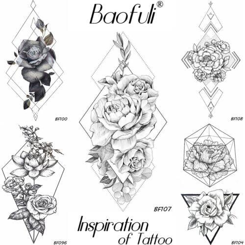 Baofuli Sketch Geometric Rhombus Rose Tattoo Temporary Fake Flower Chain Tatoo Sticker Black Body Art Painting Tattoos Arm Neck
