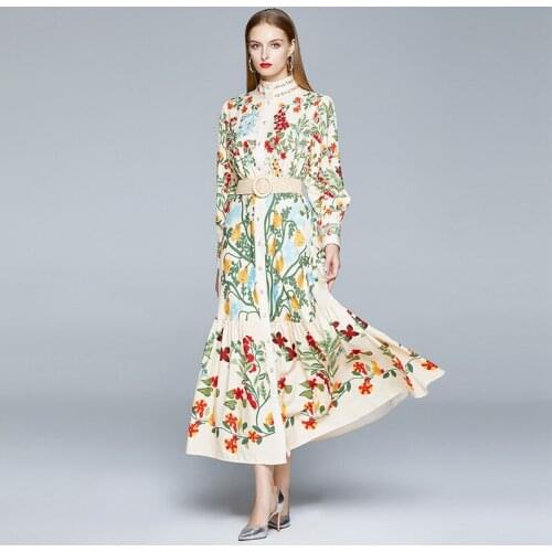 European and American leisure autumn new style printed long skirt holiday wind waist tie stand collar pastoral style dress
