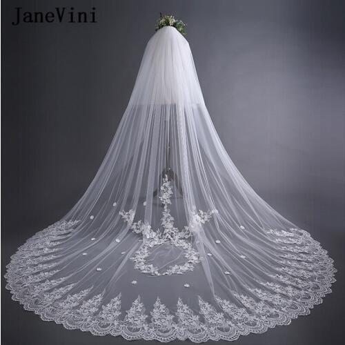 JaneVini Vintage Bridal Veil Ivory Two Layers Cathedral Wedding Veils 3.8M Big Lace Appliques Bride Velium Wedding Accessories