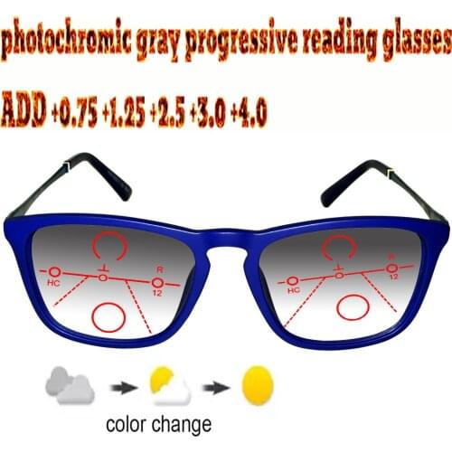 Photochromic Gray Progressive Multifocal Reading Glasses Men Woem Ultralight Metal Frame+1.0 +1.5 +1.75 +2.0 +2.5 +3 +3.5 +4