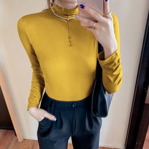Spring Autumn 2021 T-shirt Women Solid Mock Neck Buttons Slim Waist Stretchy Casual Tops Tees Long Sleeve Multi Colors T18206A