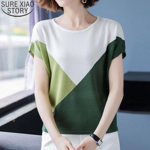 Summer New Fashion Women 2020 Short Sleeve Loose Round Collar Ice Silk Casual Thin Knitted T Shirt Tshirt Shirts Tops 9804