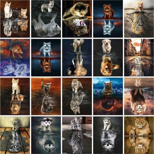 Huacan Diy Diamond Painting Cat Tiger Mosaic Reflection Animal Embroidery Rhinestone Pictures Home Decor