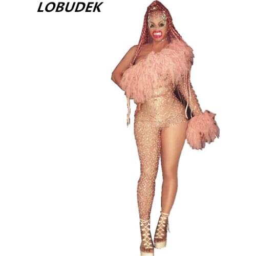 Bar Nightclub Stage Singer Dancer Gogo Costume Rhinestones Tassel Single Shoulder Jumpsuit Women Birthday Party Celebrate Outfit