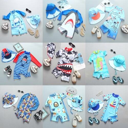 UPF50 Bathing Suit Kids Infant Toddler Surf Wear UV Baby Swimwear One Piece with Hat Shark Animal Print Boys Swimsuit 2-9 Years