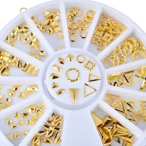 MIOBLET Gold Metal Hollow Nail Art Studs Decorations Rhinestone Round Triangle Square 3D Designs Nails Accessories Tips Manicure