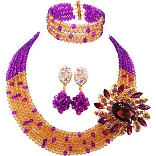 Fashion Purple Champagne Gold Costume Statement Necklace African Wedding Beads Nigerian Jewelry Beds Set 5L-ZJ023