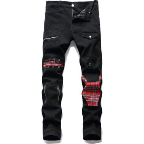 Mens Jeans New Korean fashion mens jeans fashion patchwork cloth micro rivets small straight leg jeans casual hip-hop jeans