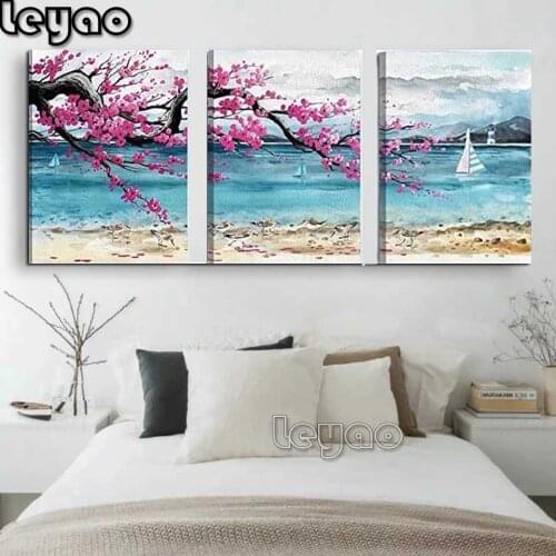 3 Panel Pink Plum Blossom Diamond Painting 5D DIY Full Square/Round Diamonds Embroidery Flower Wall Decorations Craft Kit